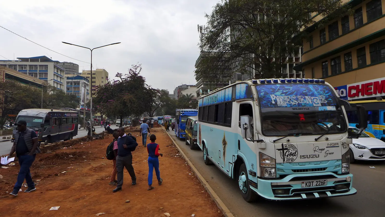 Matatu bus and pedestrians on Moi Avenue in central Nairobi